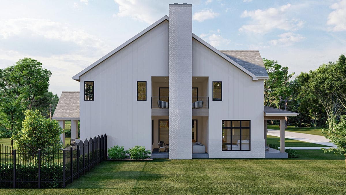 Modern house plan exterior: two stories, white board and batten siding, prominent brick chimney, balconies, and gabled roof.