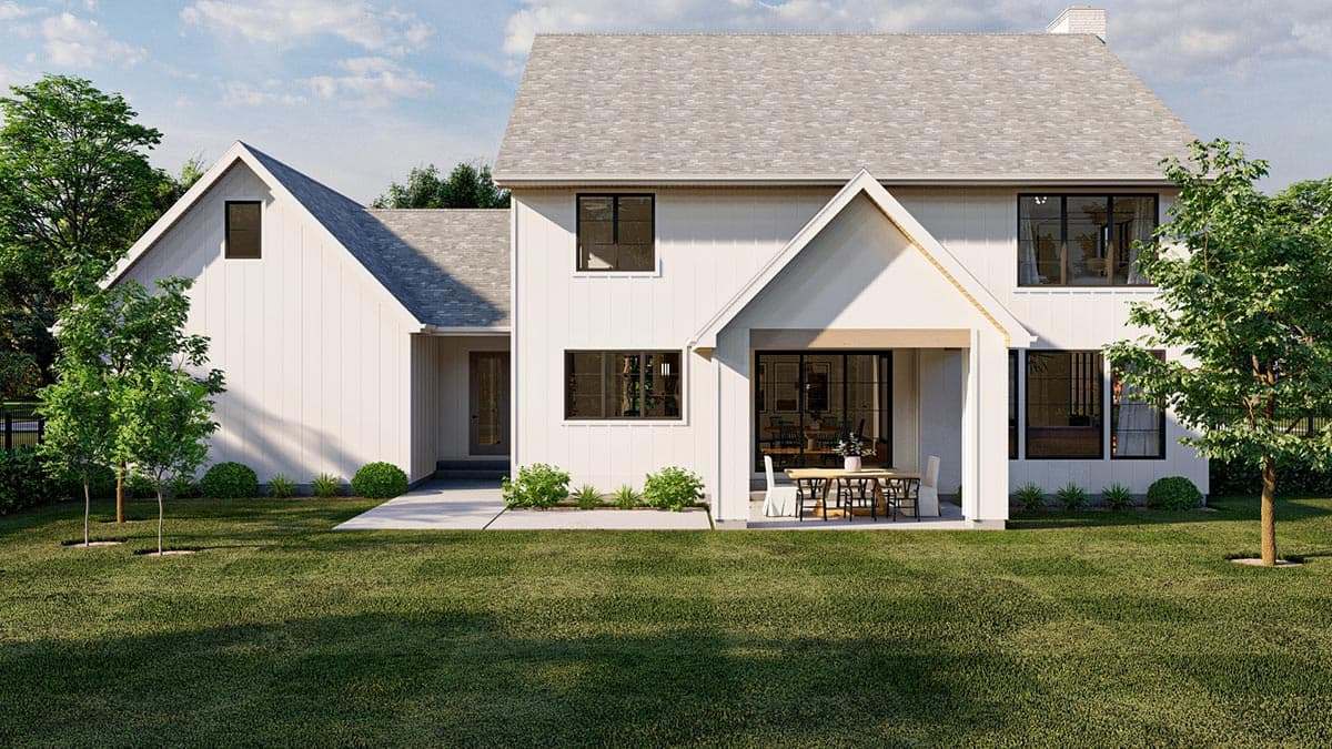 Modern Farmhouse house plan exterior, two stories, with gables, board and batten siding, and covered patio.