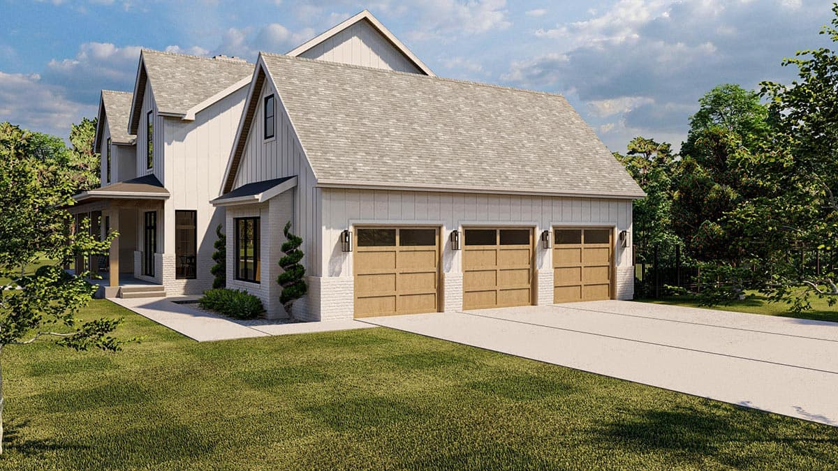 House plan exterior featuring a modern farmhouse style with a covered porch, gables, and a three-car garage with wood doors.