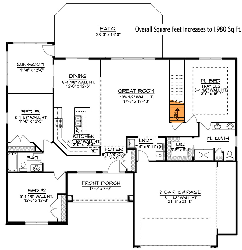 Plan 135129GRA: 3-Bed Ranch Home Plan with Sunroom - Floor Plan - Basement Stairs Location - Craftsman, Ranch, Traditional