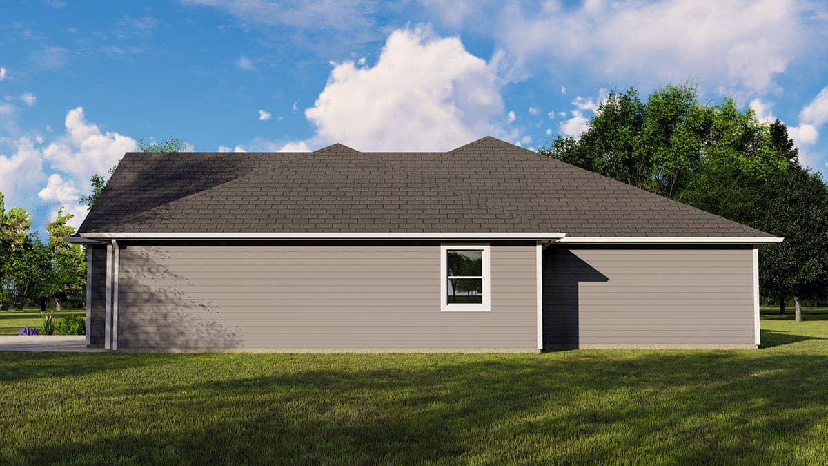 House plan exterior rendering of a single-story home with a hip roof, gable detailing, and horizontal siding.