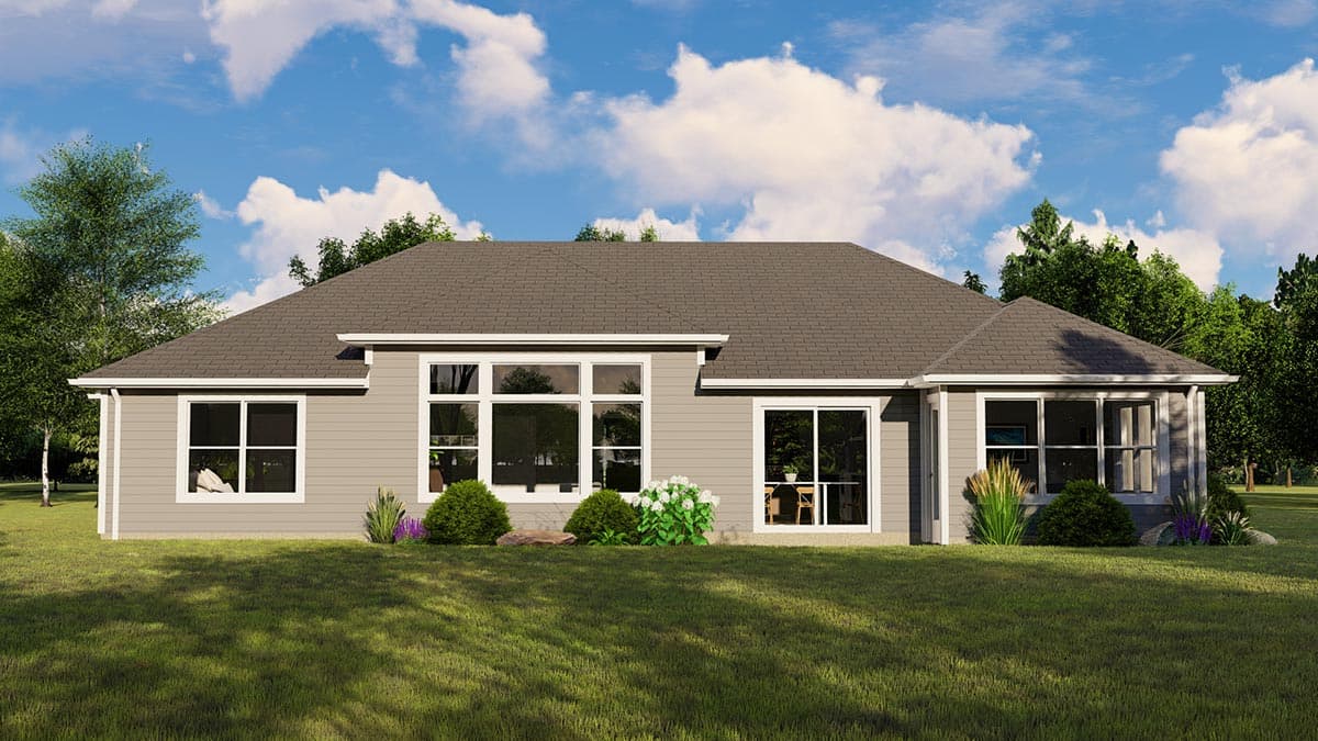 House plan exterior: One-story modern home with hip roof, horizontal siding, and large windows.