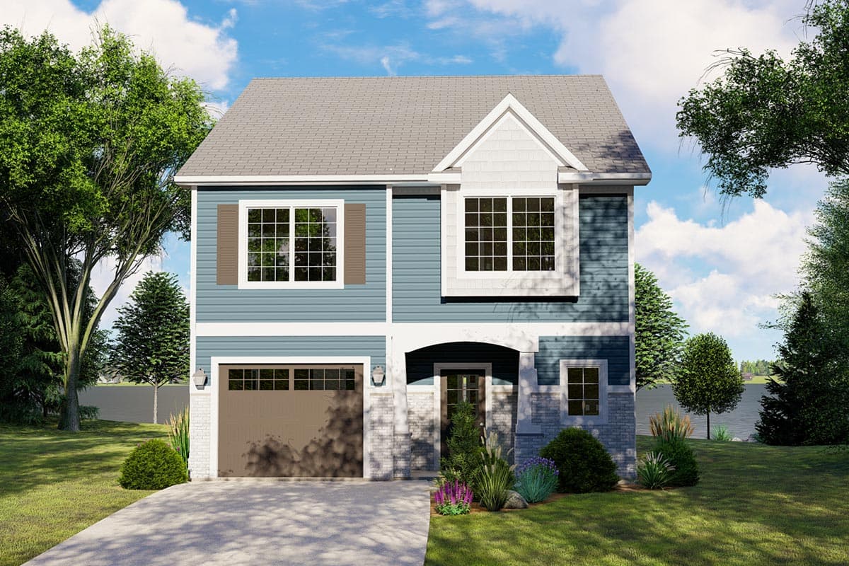 House plan exterior with two stories, a gabled roof, and a front-facing garage. Features include a portico and dormer window.