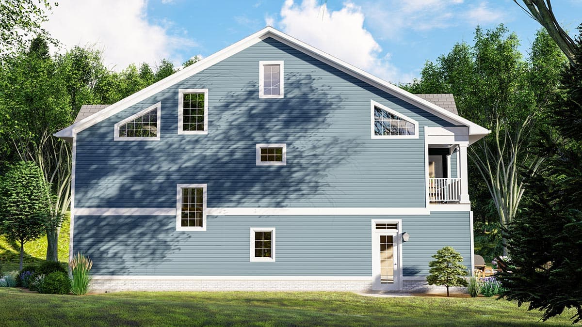 House plan exterior, two stories, blue siding, gabled roof, multiple window styles including triangular.