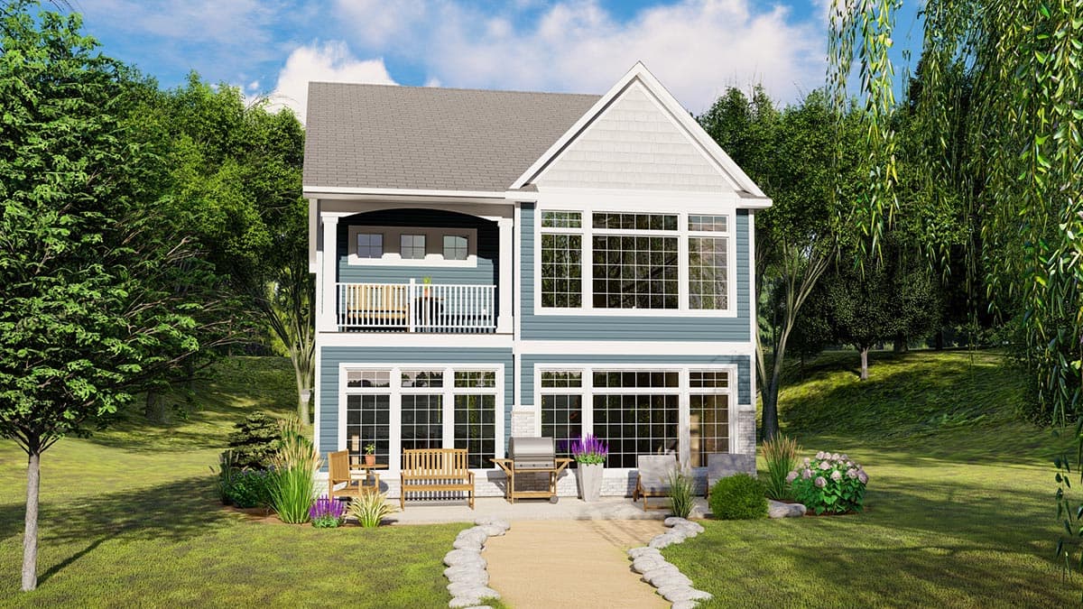 House plan exterior: Two-story home with blue siding, second-story balcony, large grid windows on both levels, and prominent gable.