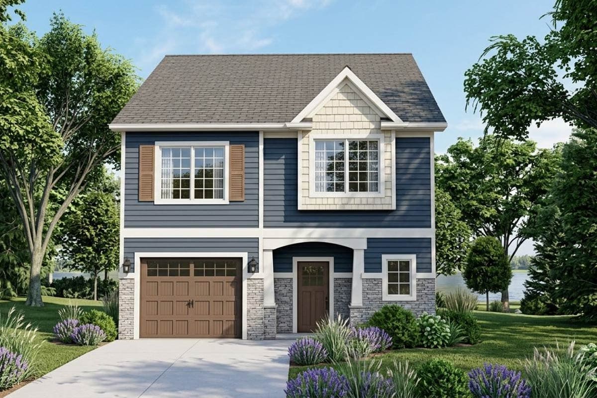 House plan exterior with two stories, a gabled roof, and a front-facing garage. Features include a portico and dormer window.