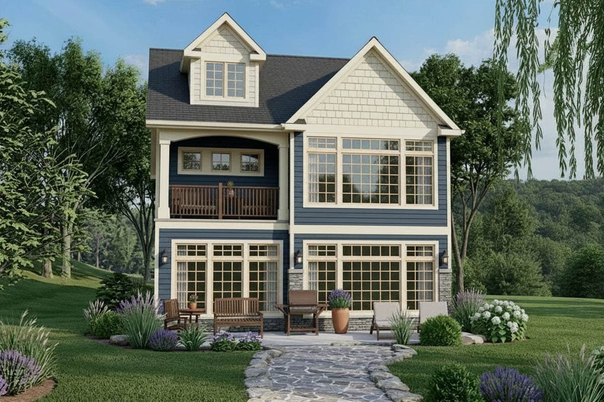House plan exterior: Two-story home with blue siding, second-story balcony, large grid windows on both levels, and prominent gable.