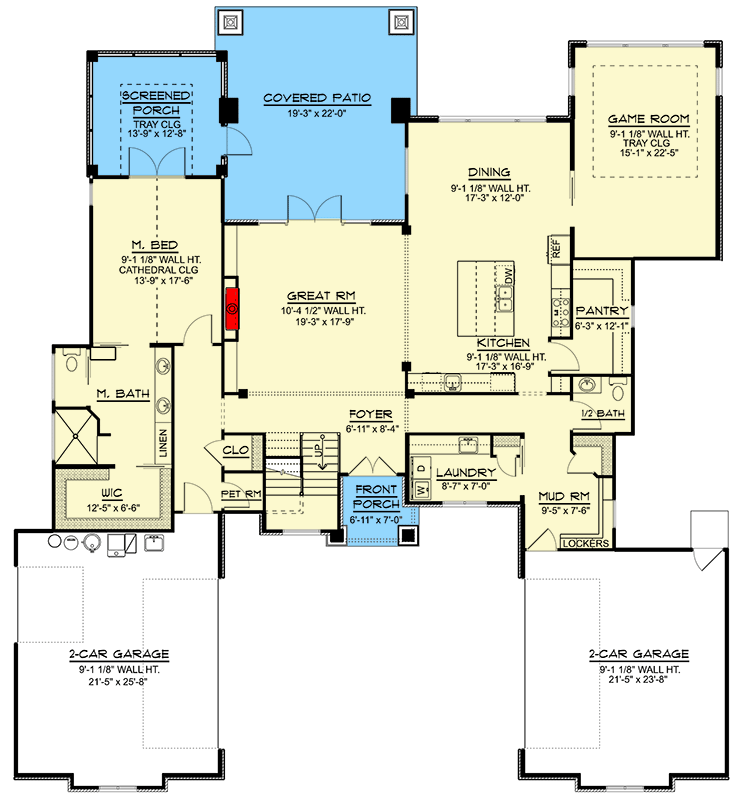 Plan 135137GRA: 2-Story Home Plan with Game Room and Screened Porch off Master Bedroom - Floor Plan - Main Level - Prairie, Transitional