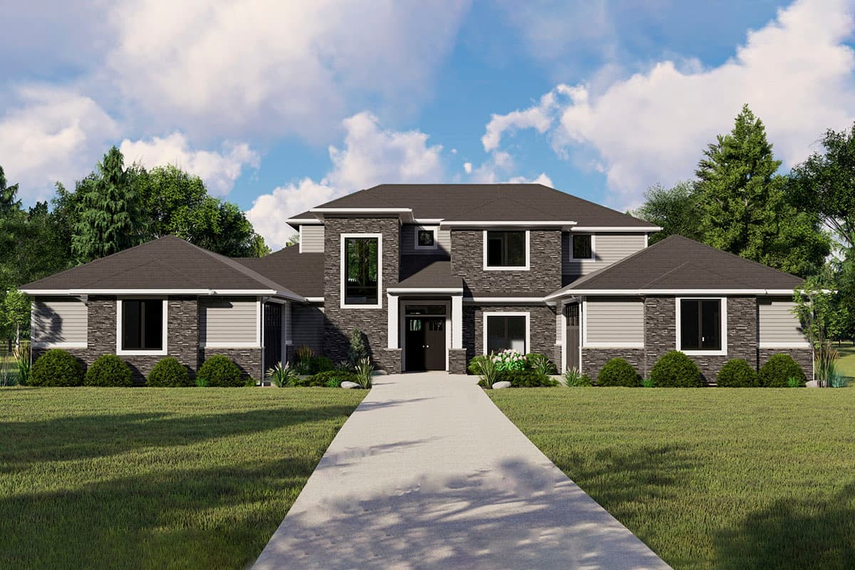 House plan exterior. Two-story home with stone and siding facade. Features include a front entry with columns, gabled roof, and multiple windows.