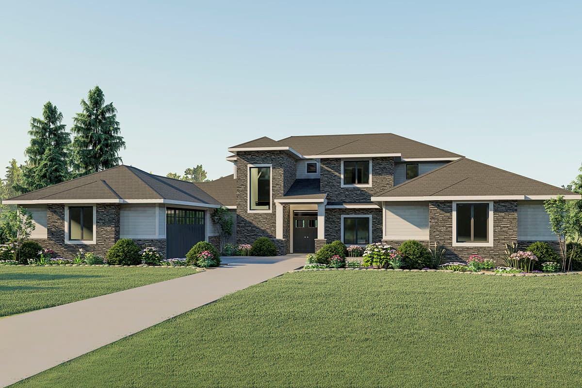 House plan exterior: Modern two-story home with stone accents, prominent gables, and a side-facing garage.