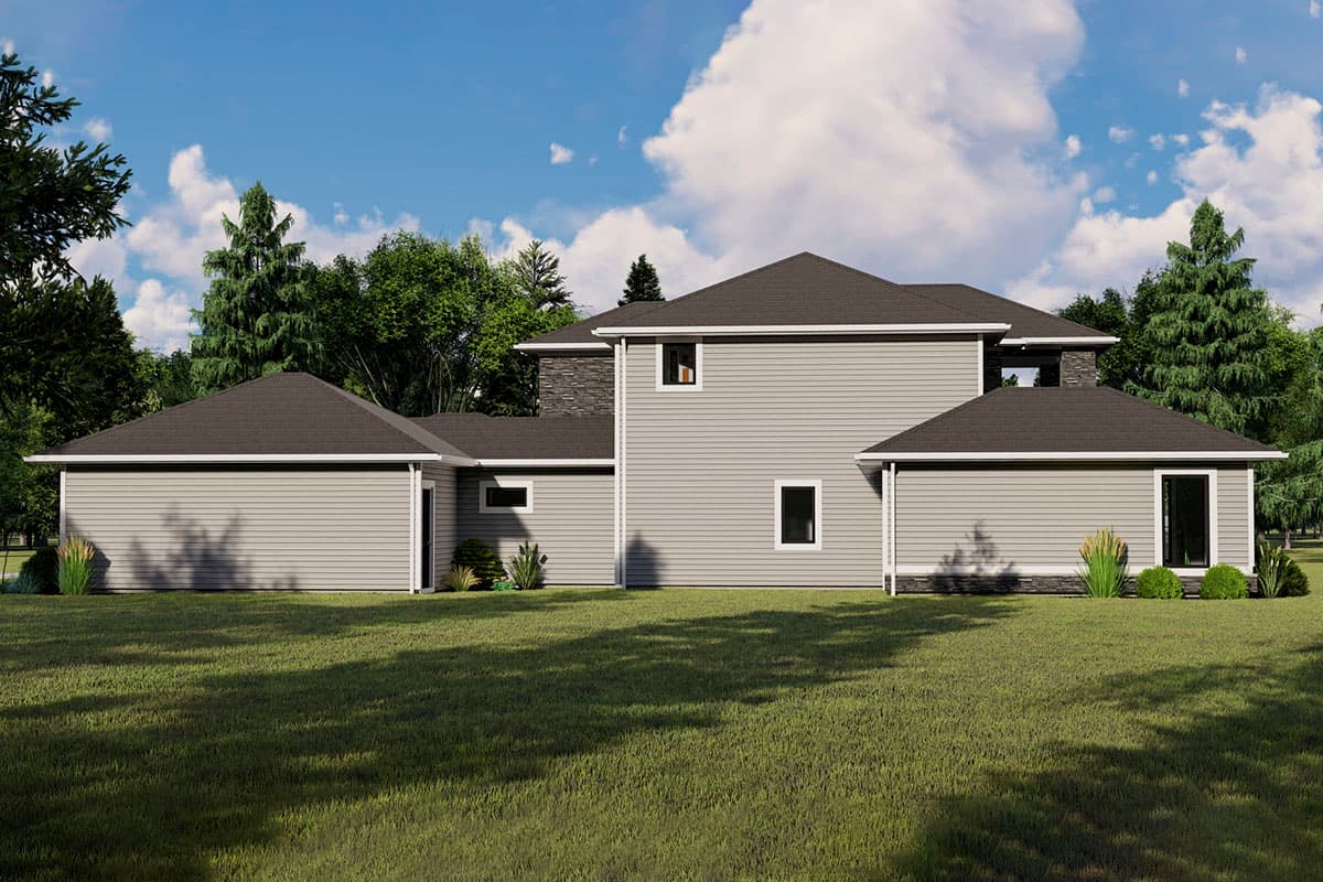 House plan exterior, two stories, vinyl siding, multiple gables, attached garage, stone accents.