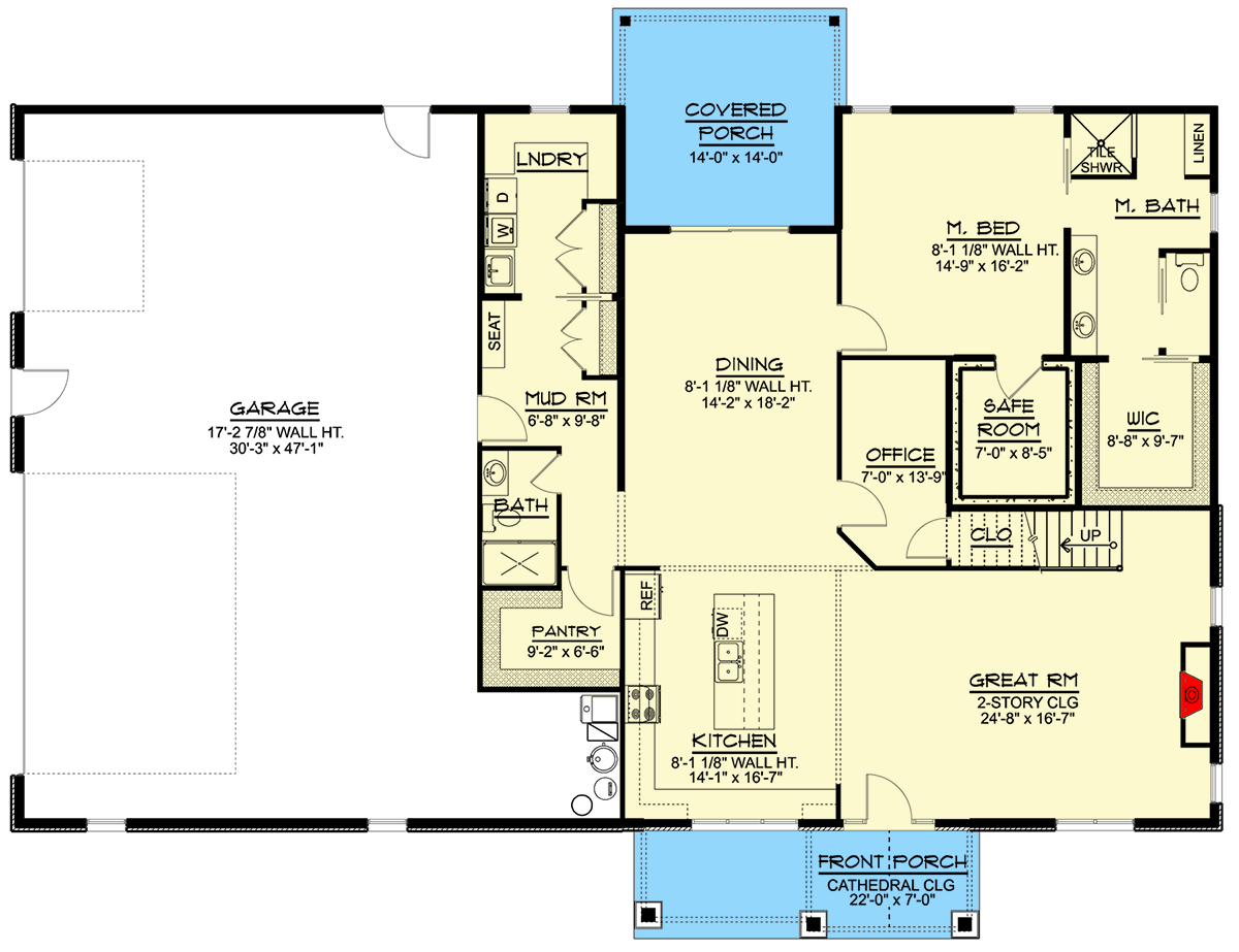 Plan 135139GRA: Barndominium with Side-Entry Garage and 2-Story Great Room - Floor Plan - Main Level - Barndominium, Country, Rustic, Southern, Vacation
