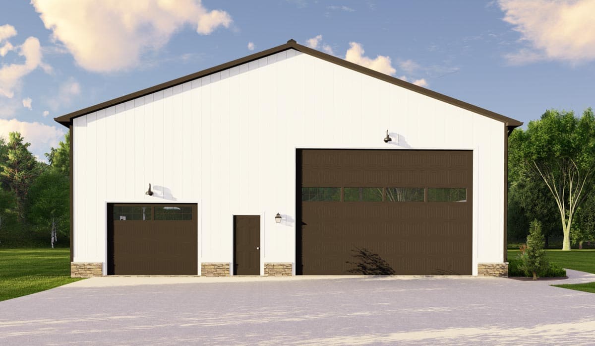 House plan exterior with a high-peaked roof, two garage doors, and stone foundation accents.