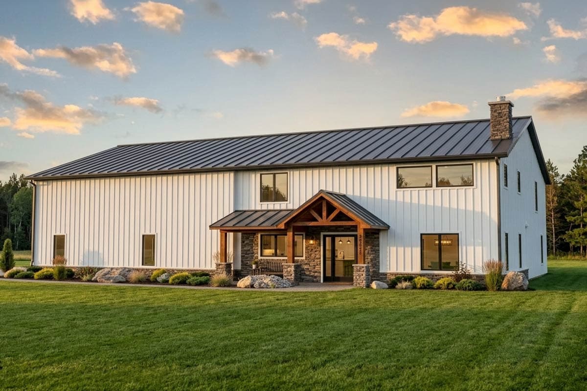House plan exterior with two stories and a metal roof. Features include a covered porch with stone columns and a stone chimney.