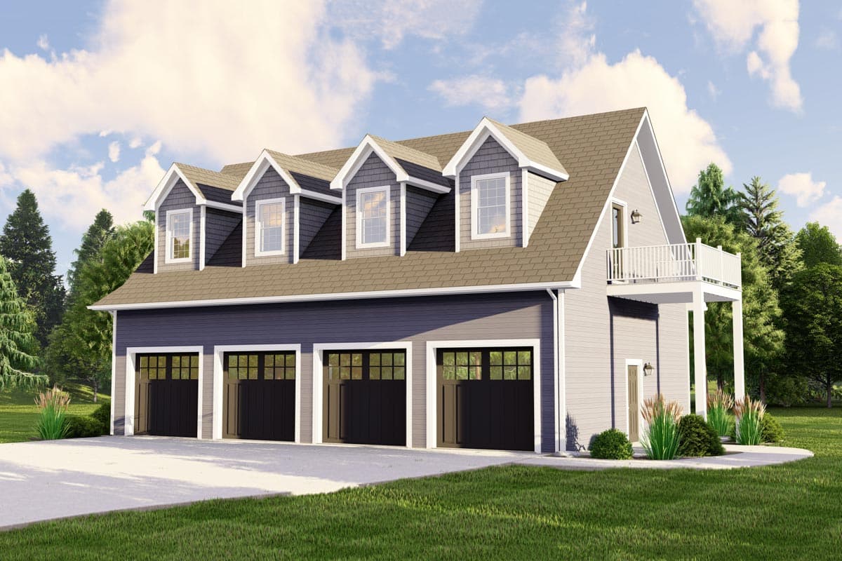 House plan exterior. Two-story structure with a gabled roof, three dormers, and a balcony. Three-car garage with black doors.