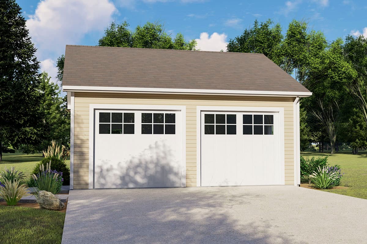 House plan exterior. One-story garage with two garage doors. Gable roof. White trim, and windows with multi-pane glass.