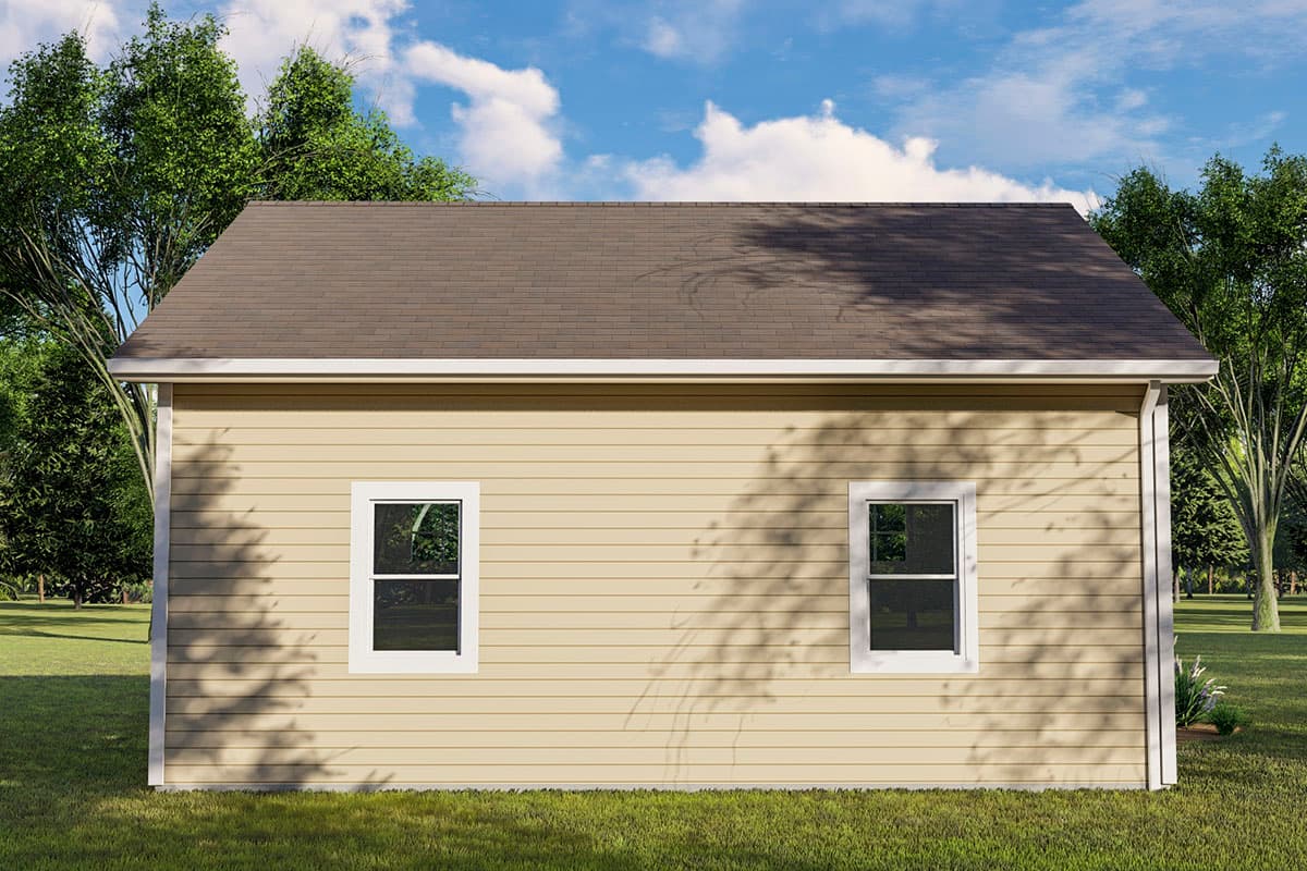 House plan exterior with tan horizontal siding, a gable roof, and two evenly spaced white-trimmed windows.
