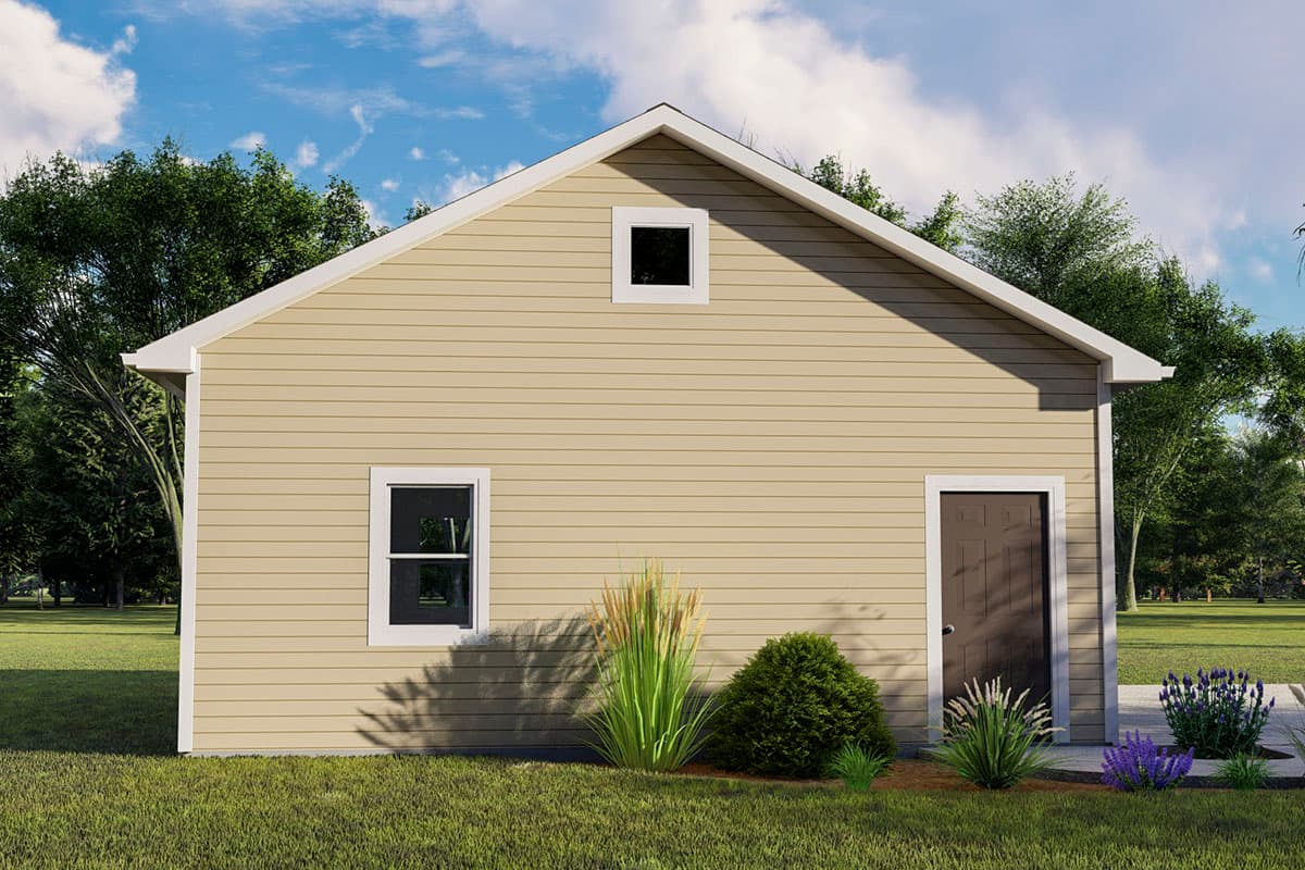 House plan exterior: Beige siding, one-story, gable roof, one door, and two windows.
