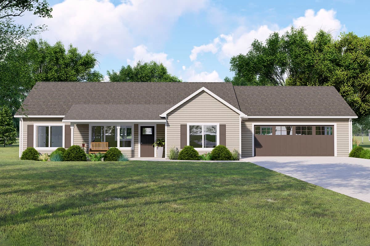 House plan exterior view of a one-story house with a gabled roof, covered front porch, and an attached garage.