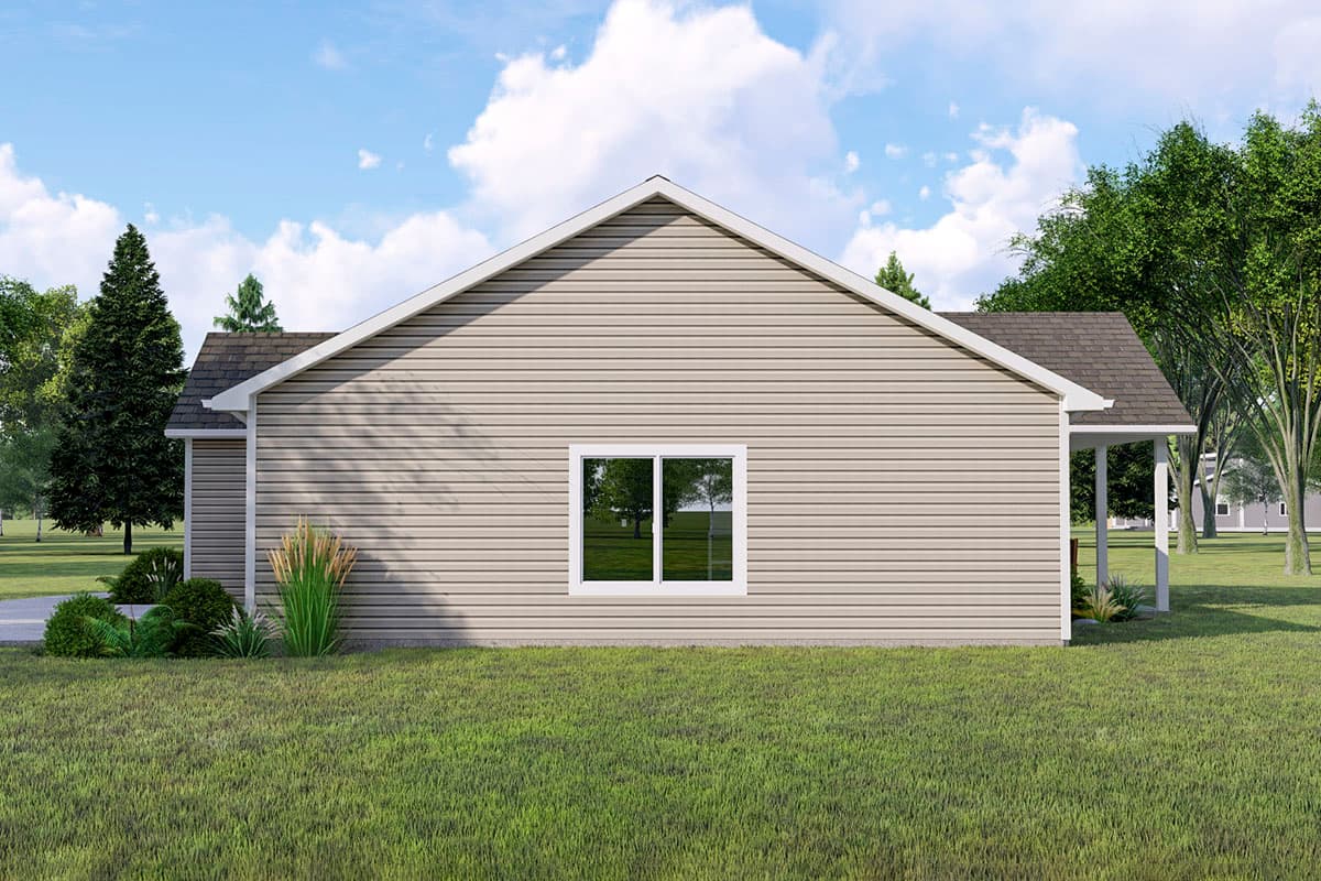 House plan exterior: one-story home with vinyl siding, gable roof, and front porch with support columns.