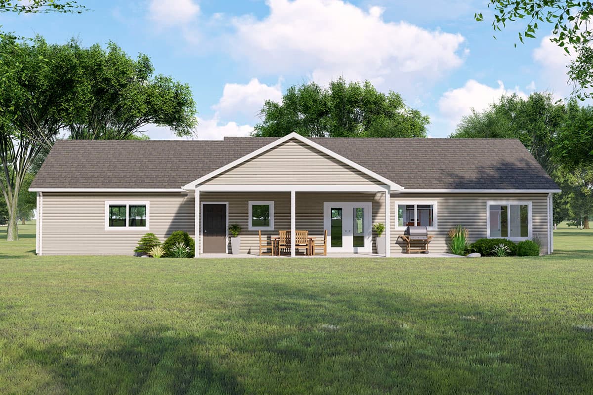 Ranch house plan exterior with covered porch, gable roof, double doors, and multiple windows.