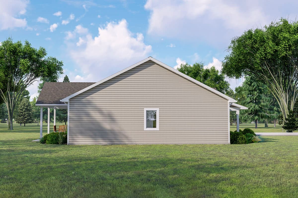 Ranch house plan exterior, showing side view with porch, vinyl siding, gable roof, and one central window.