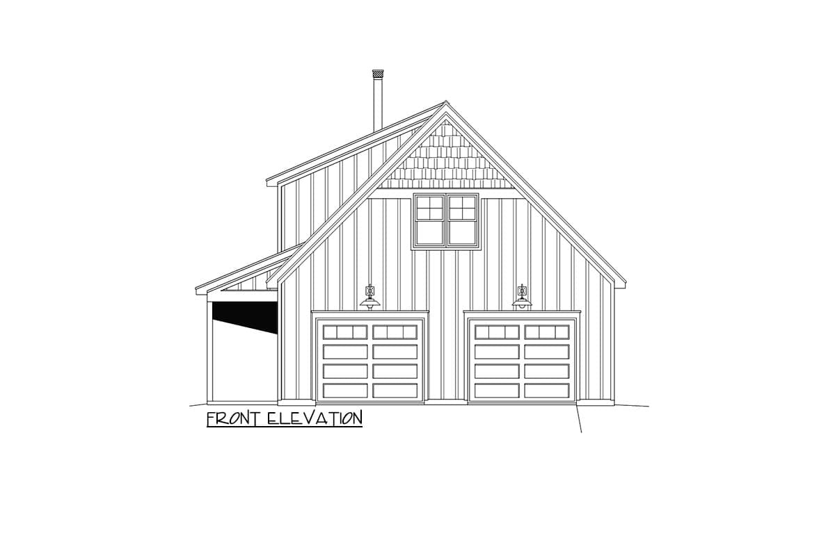 Front elevation drawing of a house plan featuring a prominent gable, vertical siding, and two garage doors.