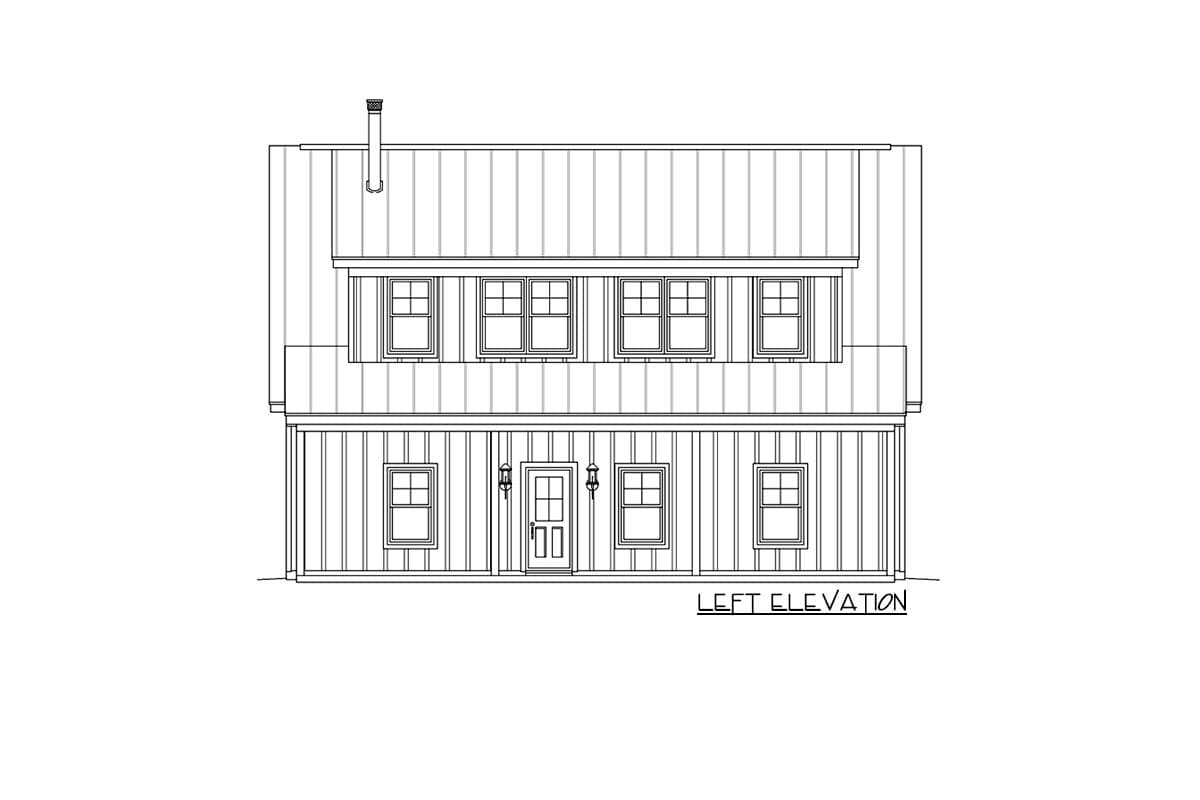 Left elevation drawing of a two-story house plan with a standing seam metal roof, board and batten siding, and a central entry.