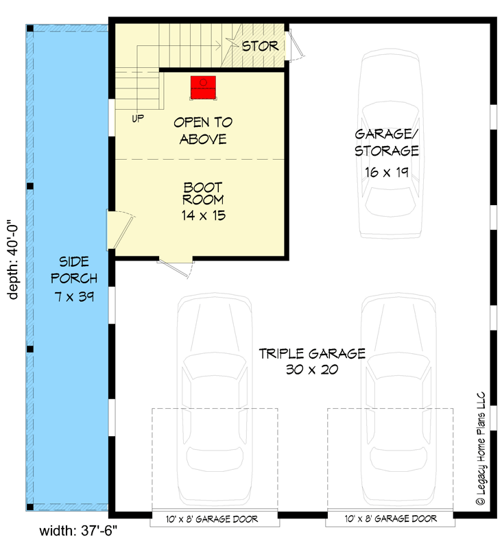 Plan 68924VR: Garage Apartment with Shed Dormer and Full-length Side Porch - Floor Plan - Main Level - Cabin, Carriage, Country, Mountain, Rustic, Traditional