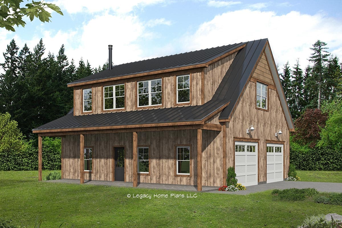 House plan exterior with two stories. Features include a front porch, gables, and a two-car garage. Modern farmhouse style.
