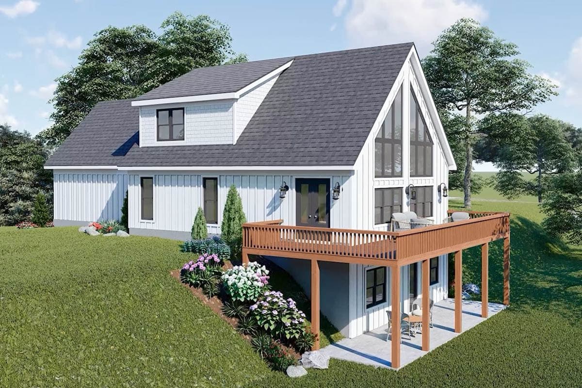 House plan exterior: Modern style, two stories, pitched roof, dormer, and extensive wood deck.