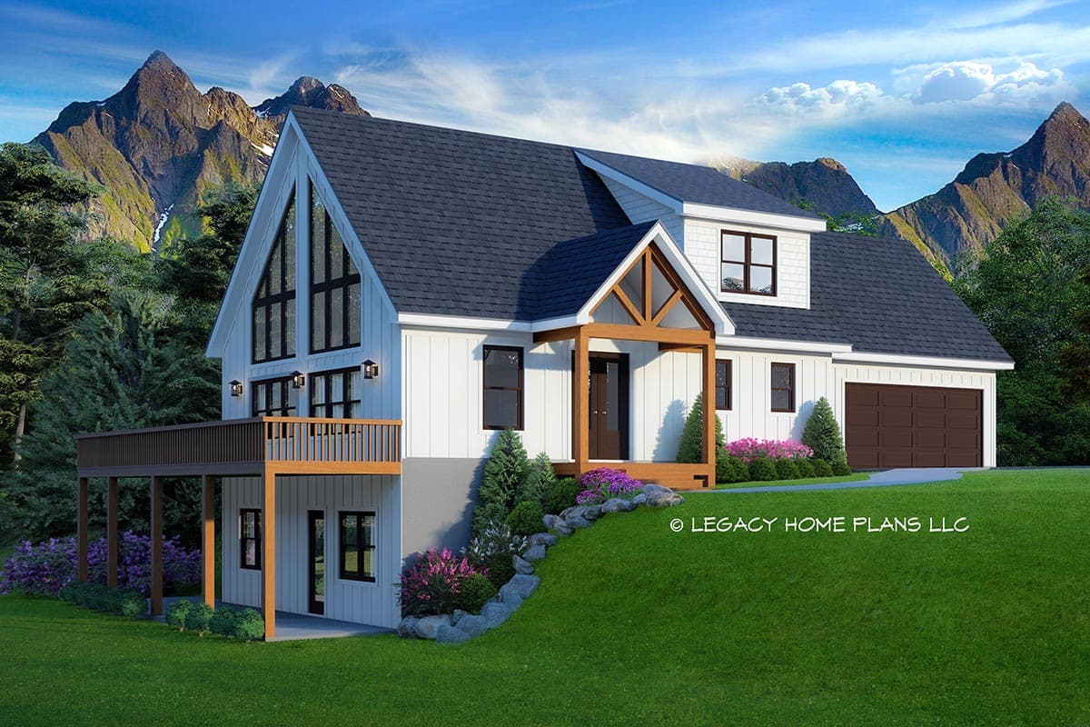 House plan exterior: Modern Farmhouse style, two stories, with large A-frame window, covered porch, and attached garage.