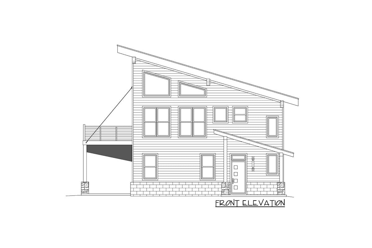 Front elevation drawing of a two-story house with a sloping roof, a deck, and a brick foundation.