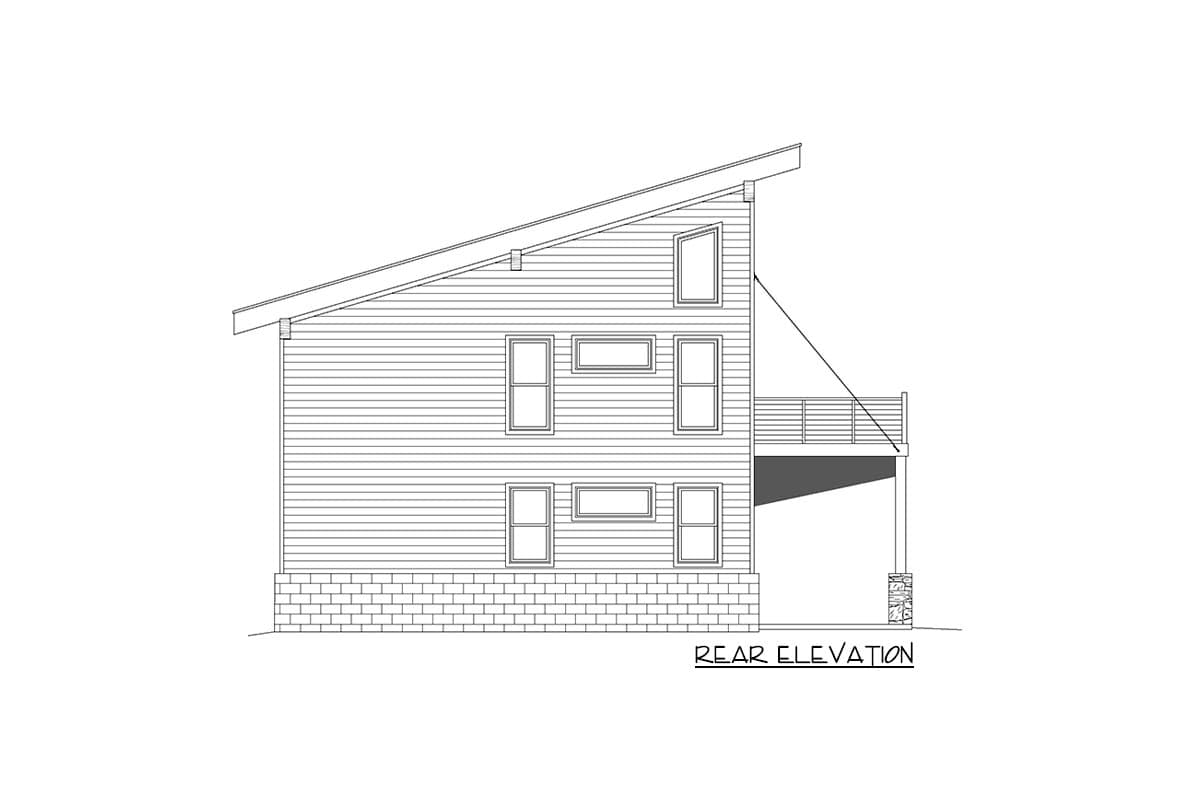 Rear elevation drawing of a two-story house with a sloped roof, horizontal siding, multiple windows, and a deck.