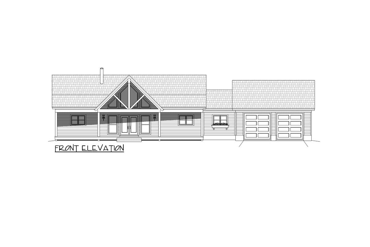 Front elevation drawing of a single-story house with a prominent gable, double door entry, and a three-car garage.