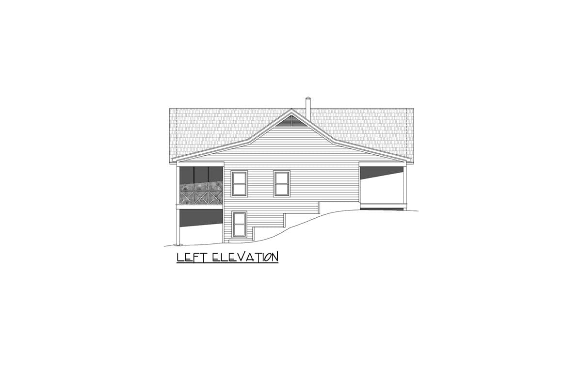 Left elevation of house plan showing a screened porch, gabled roof, and attached carport.
