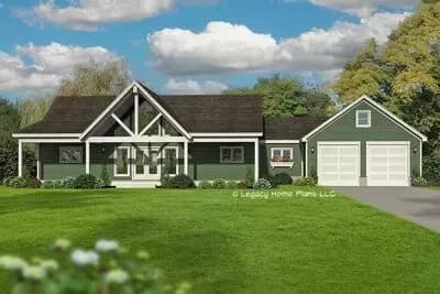 Mountain Ranch Home Plan with 3 Beds and a Rear Screened Porch and Deck
