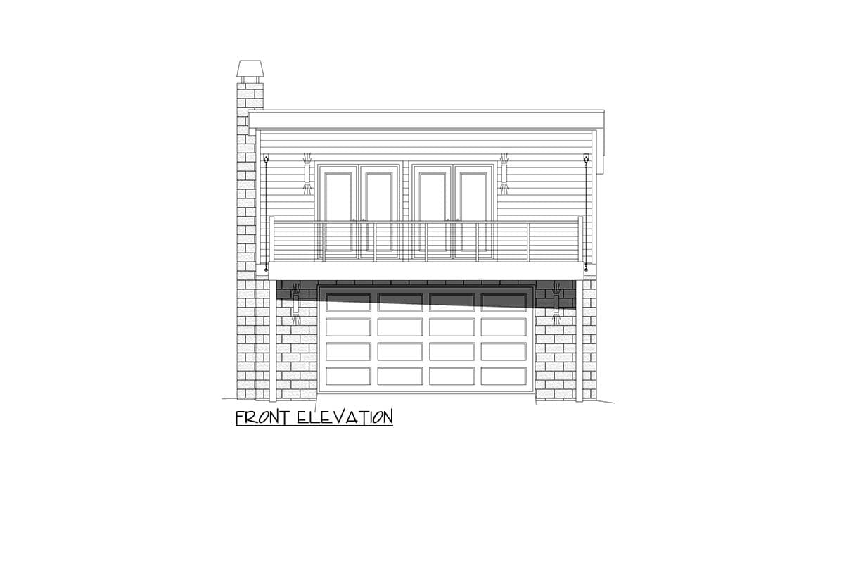 Front elevation drawing shows a garage door below a balcony with double doors and a brick chimney.