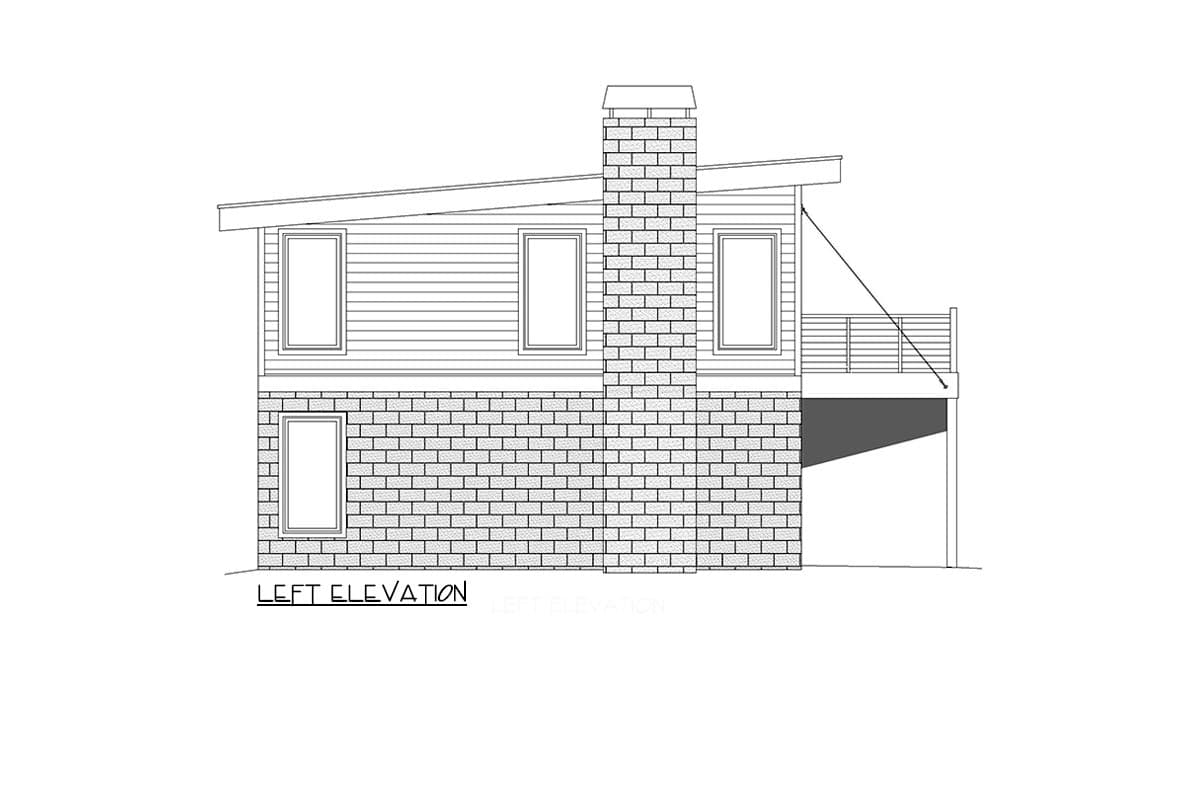Left elevation drawing of a two-story house with a brick lower level, horizontal siding upper level, multiple windows, fireplace, and a deck.