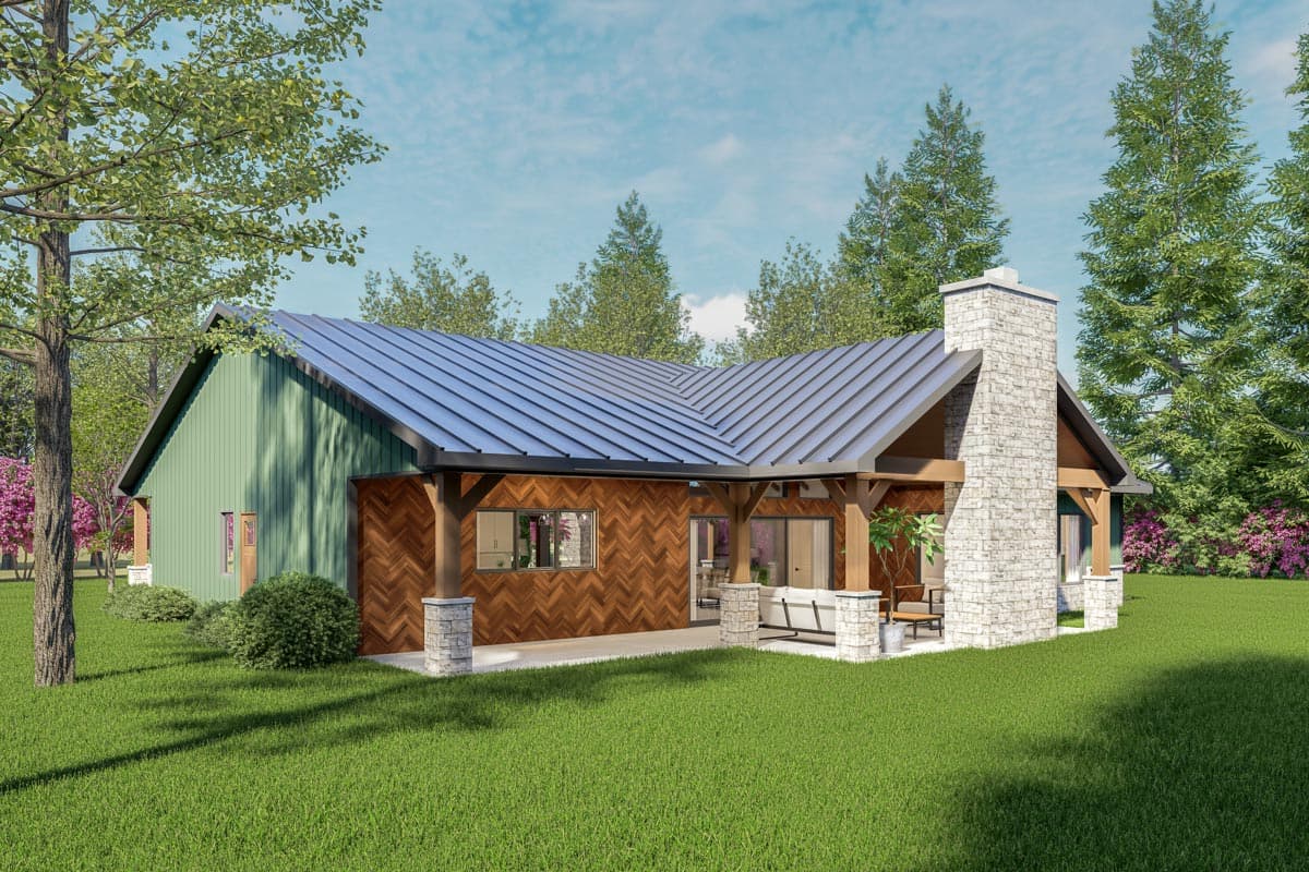 House plan exterior with metal roof, gabled ends, stone chimney, exposed beams, and wood siding detail.