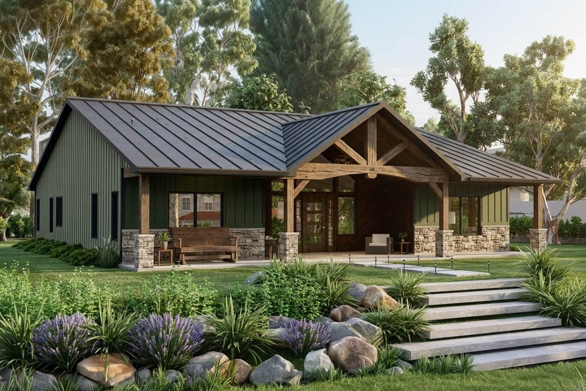 House plan exterior. Ranch-style home with a gabled entry, wood detailing, and a low-slope metal roof. Stone accents at the base.