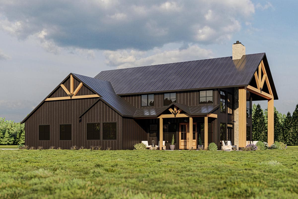 Modern farmhouse house plan exterior with dark vertical siding, a metal roof, prominent gables, and large timber posts.
