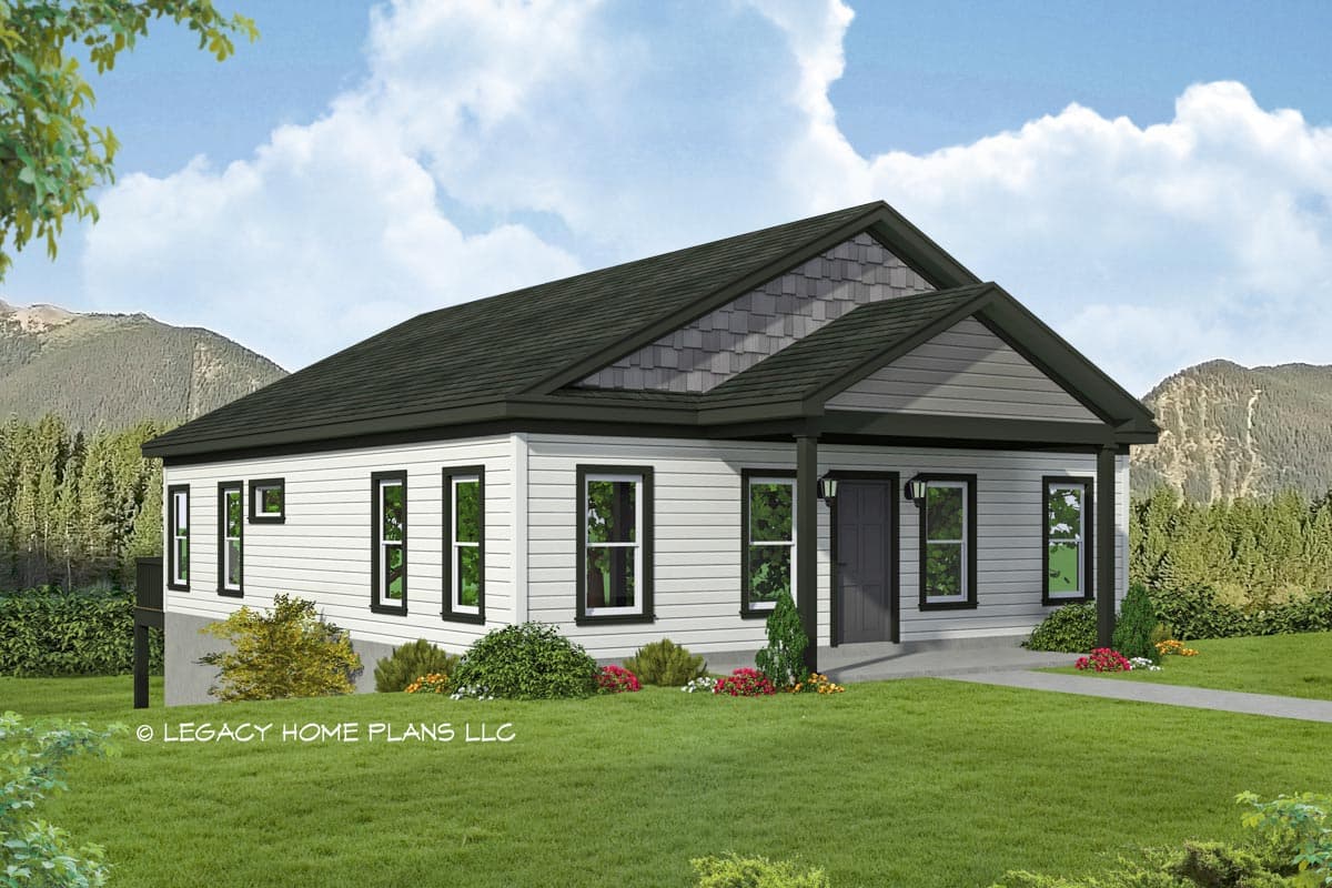 House plan exterior featuring a one-story, Craftsman-style home. Includes a covered front porch, gable roof, and contrasting black window trim.