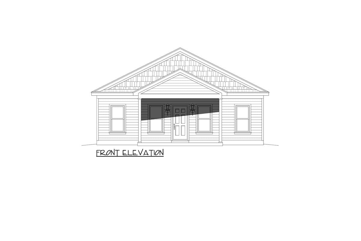 Front elevation drawing of a single-story house with a covered porch, double doors, and prominent gable.