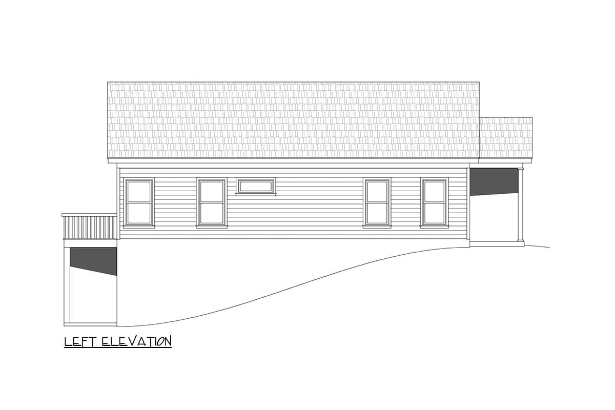 Floor plan elevation drawing: Left elevation of a house with a gabled roof, siding, and a covered porch.