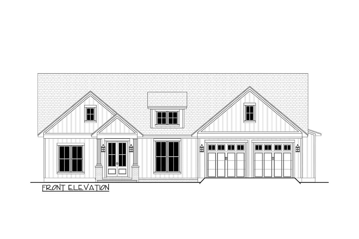Front elevation of a one-story house plan featuring board-and-batten siding, a dormer, and a three-car garage.