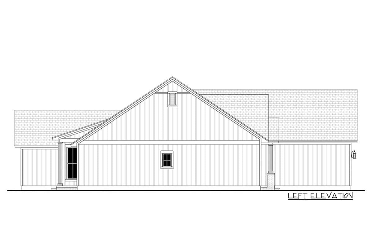 Left elevation house plan showing a gabled roof, vertical siding, and a covered porch with a square column.