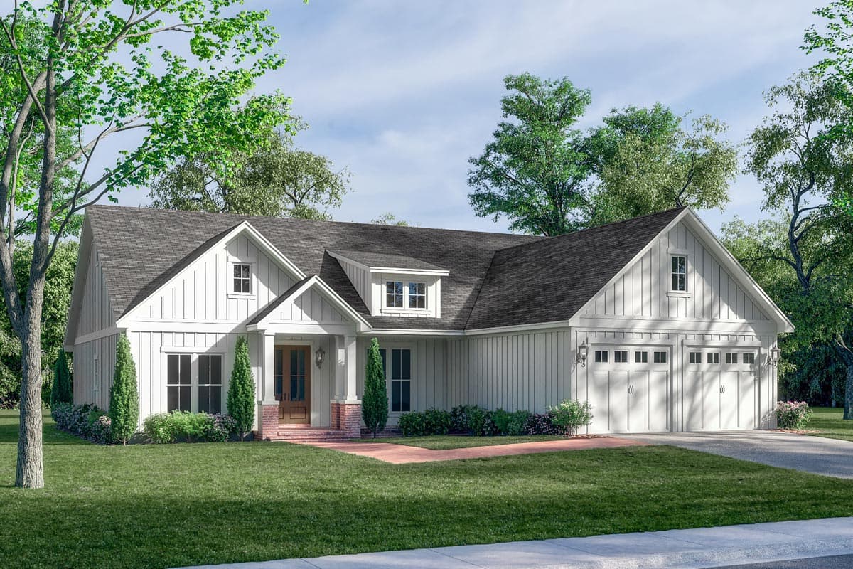 House plan exterior featuring a two-story Modern Farmhouse design. Includes a front porch, multiple gables, and a two-car garage.