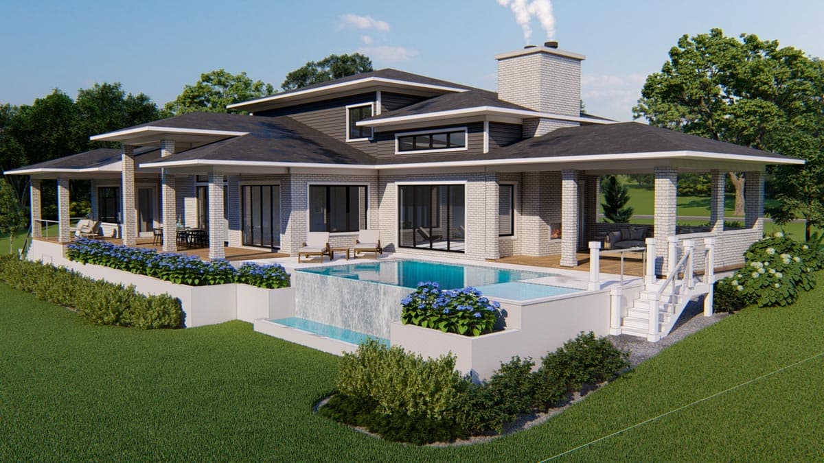 Modern house plan exterior with cantilevered roof sections, white brick, dark siding, covered patios, and an infinity pool with waterfall.