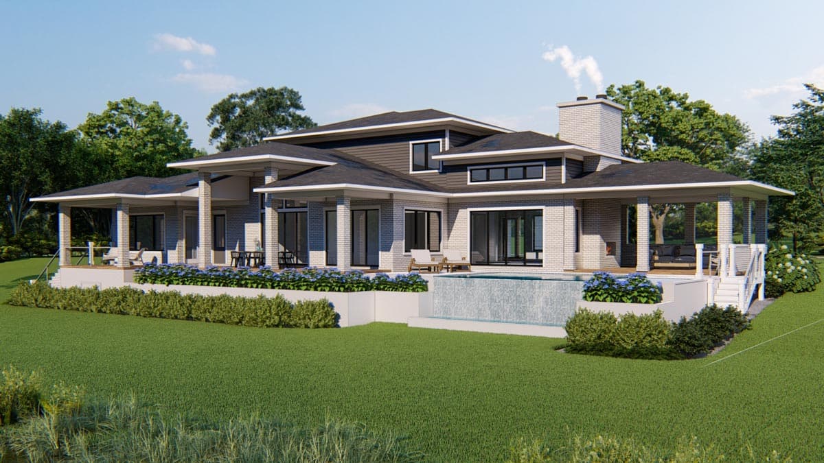 Modern house plan exterior with a low-pitched roof, multiple covered porches, brick and siding, and a prominent chimney.